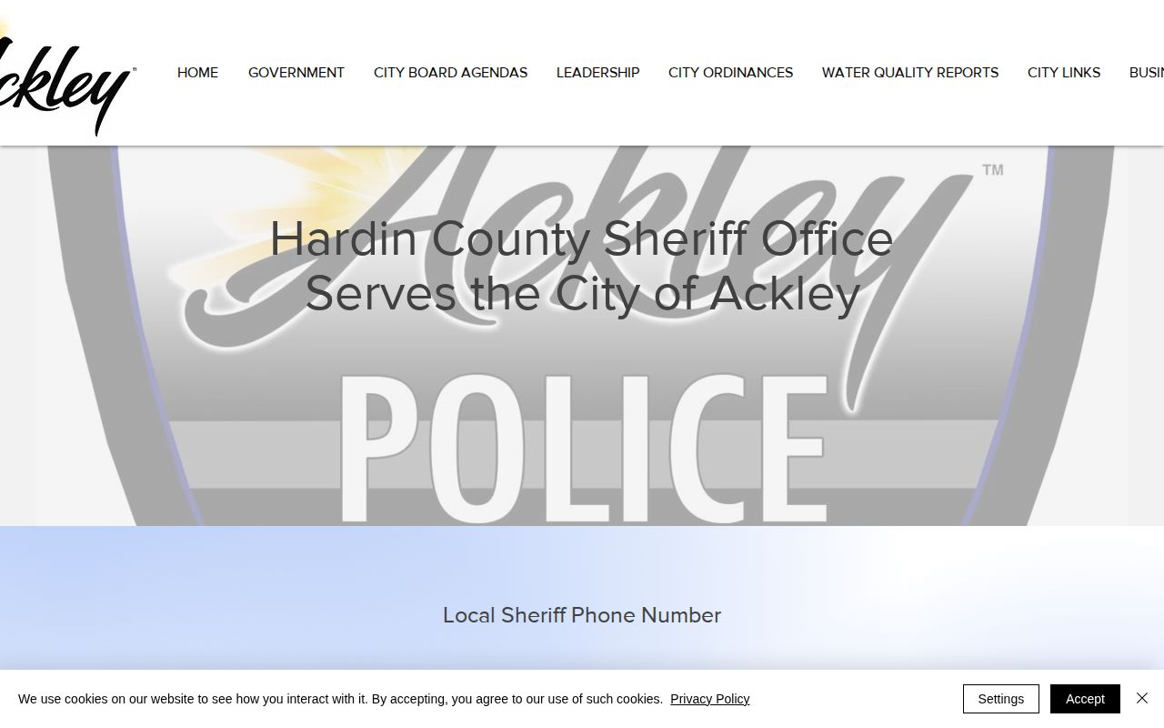 Official Ackley police-service webpage routing current service to Hardin County Sheriff