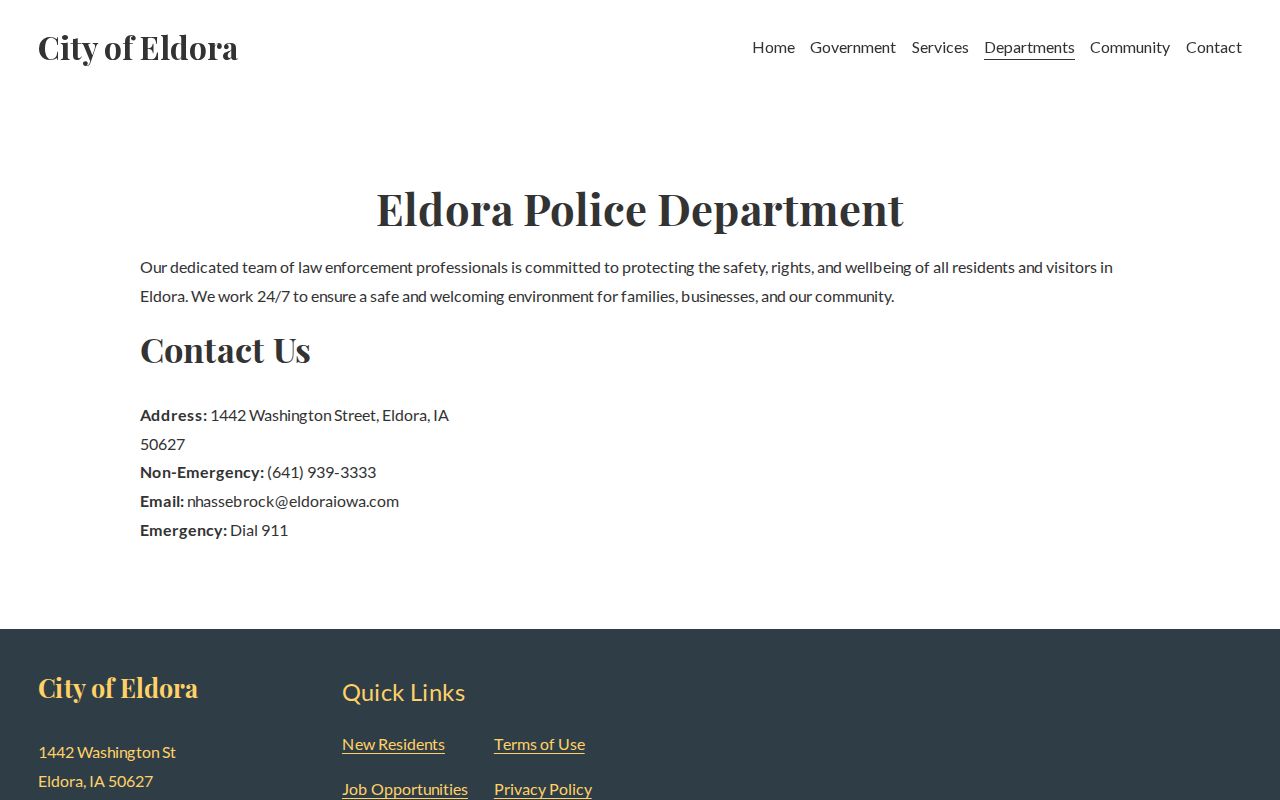 Captured official Eldora Police Department webpage with agency and contact details