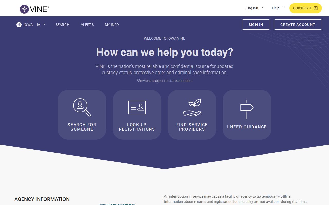 Iowa VINE custody search and alert registration interface