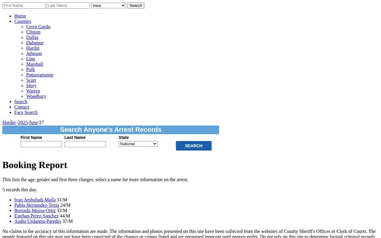 Captured Arrests.org dated Hardin County archive page